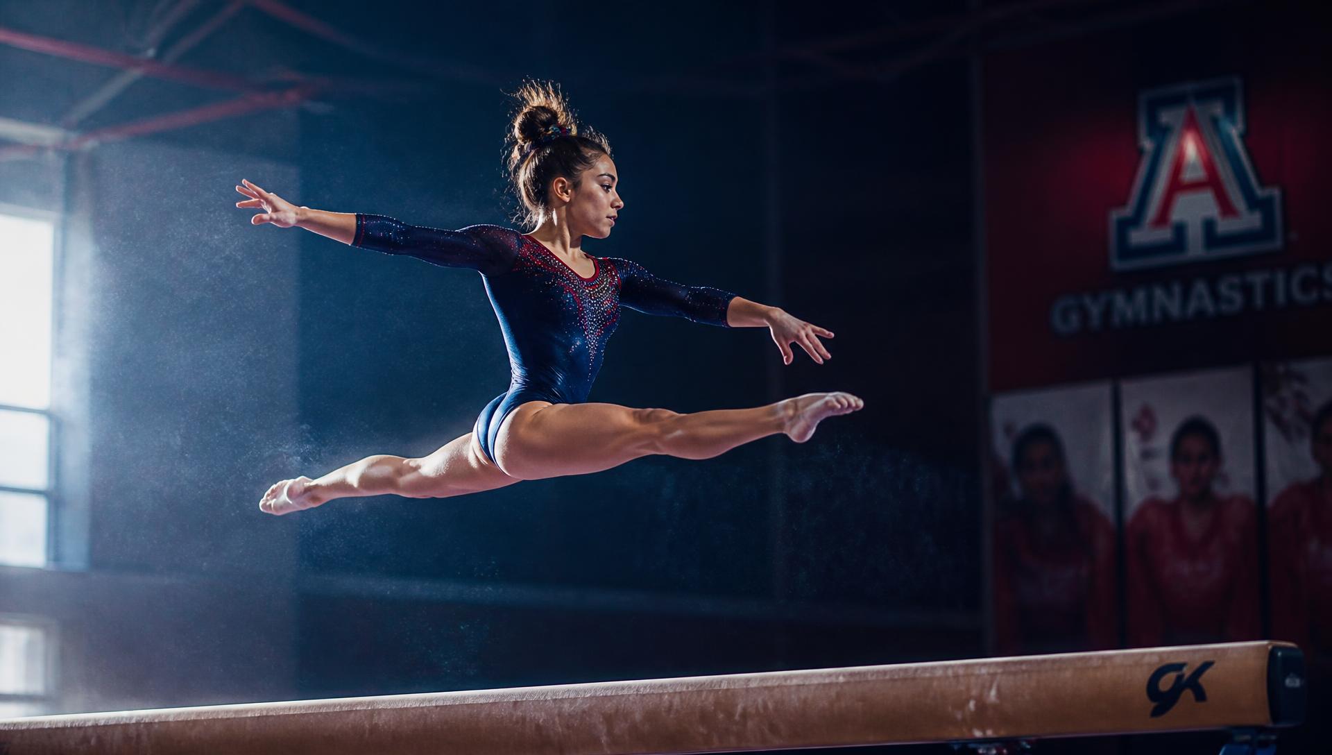 Gymnast holding a split leap above the balance beam